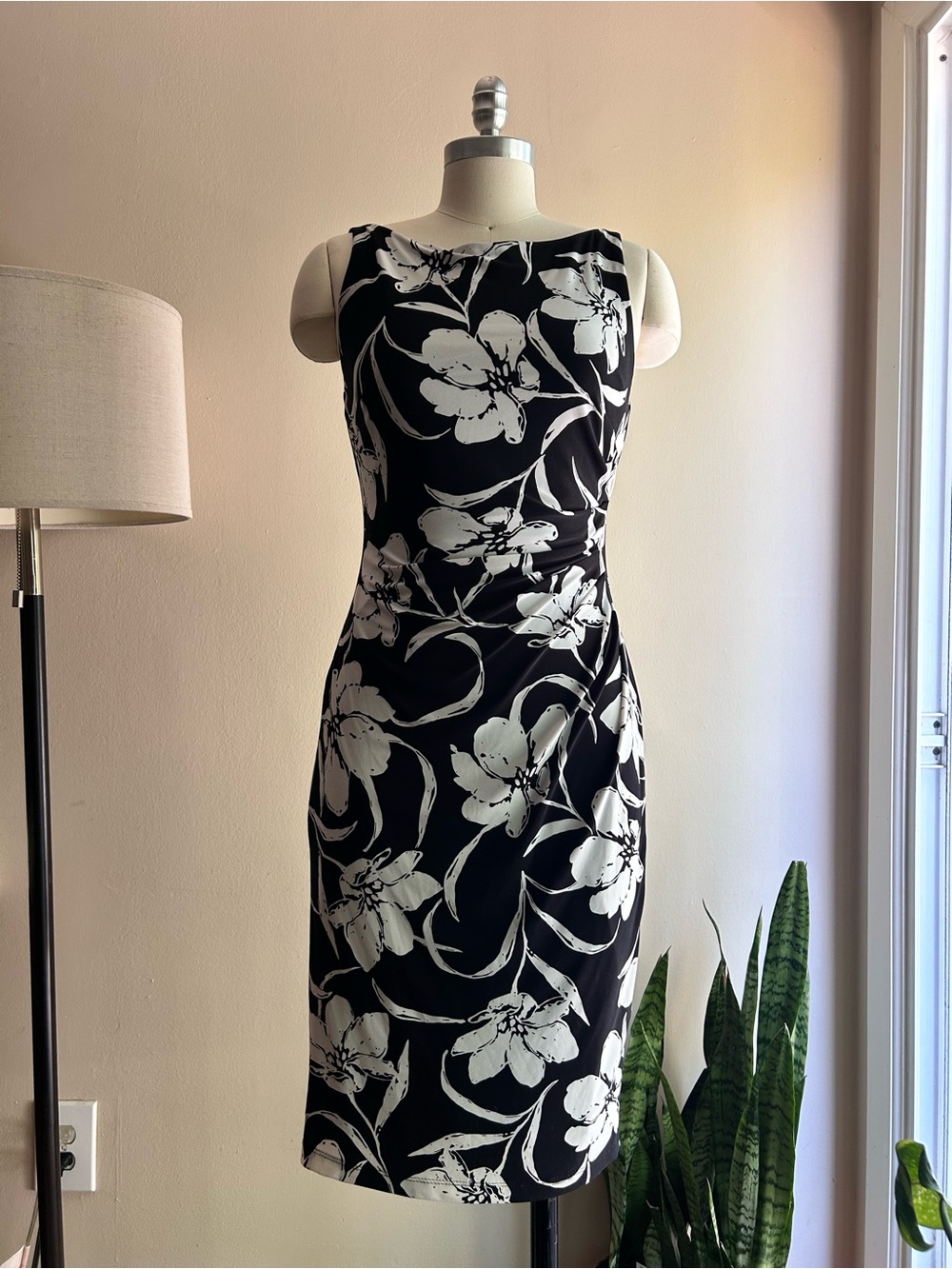Lauren Ralph Lauren Black and White Floral Midi Sheath Dress